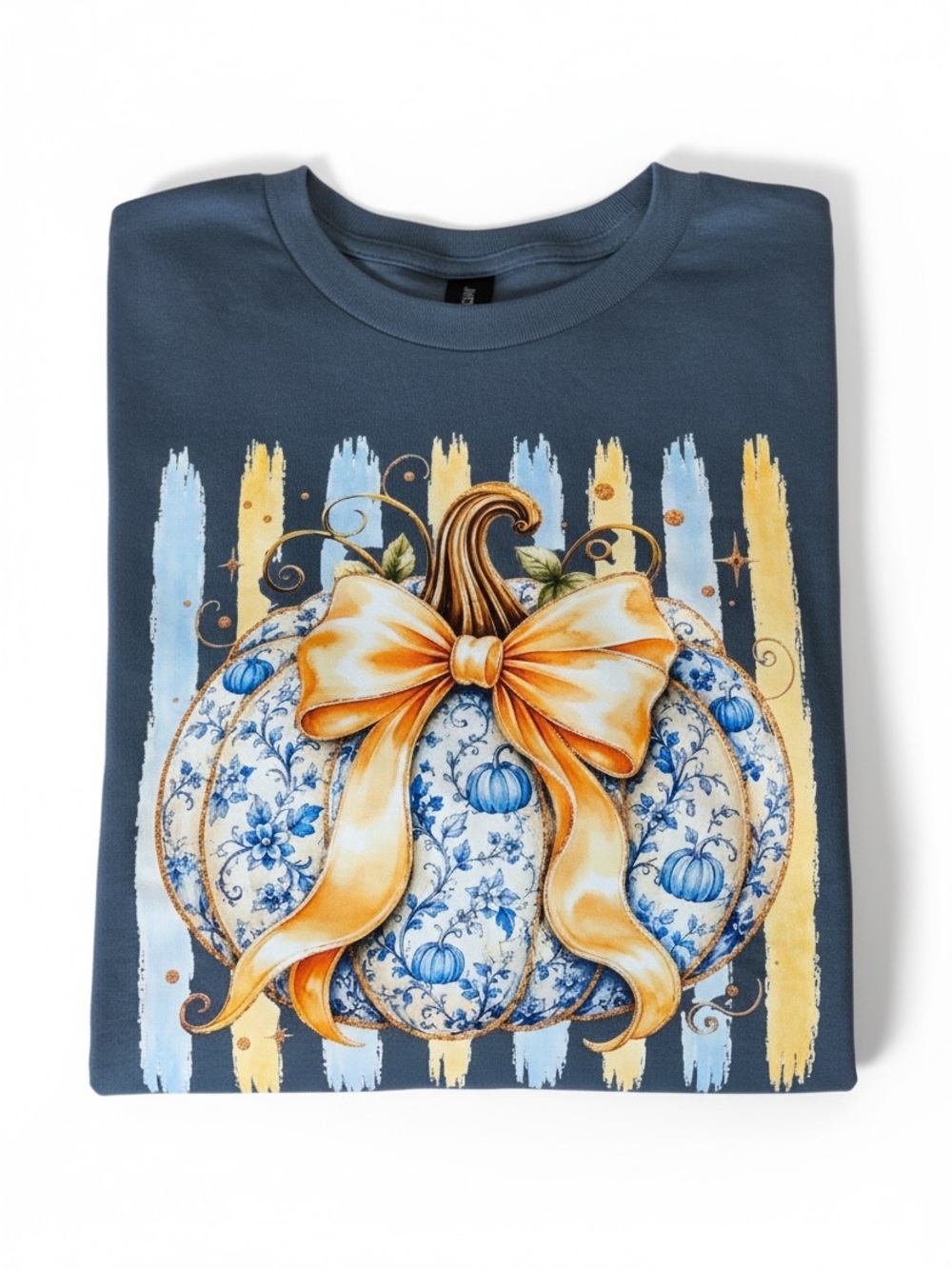 Blue Chinoiserie Pumpkin Fall T-Shirt Handcrafted Graphic Tee Unisex Large NWOT